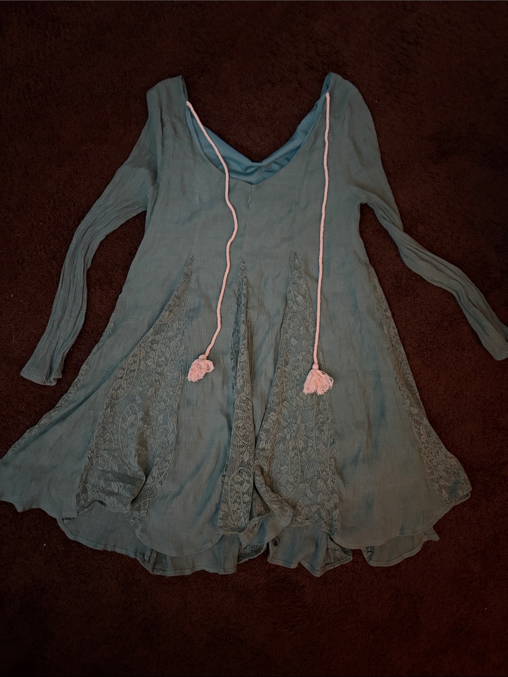 entro Teal V-Neck Long-Sleeve Swing Dress with Tassel Ties